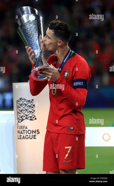 Portugals Cristiano Ronaldo Lifts The Trophy After The Final Whistle