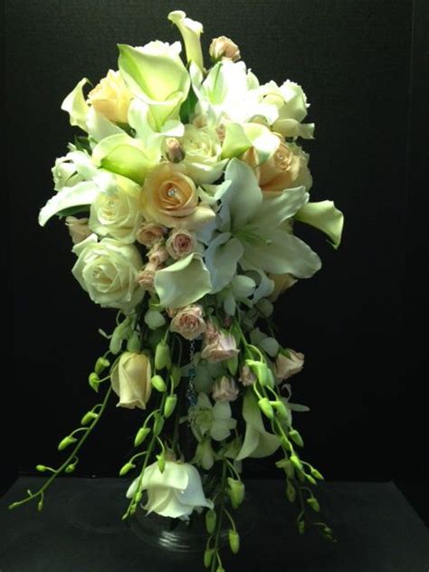 Cascade Wedding Bouquet With Cream Roses White Oriental Lilies Mini