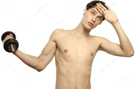 Skinny Man Training His Bicep Muscle Beautiful Teenager Lifting A