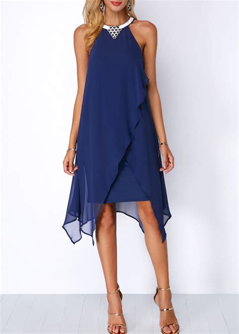 Blue Chiffon Overlay Embellished Neck Dress Usd 3559