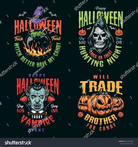 Halloween Night Vintage Colorful Badges Witch Stock Vector Royalty