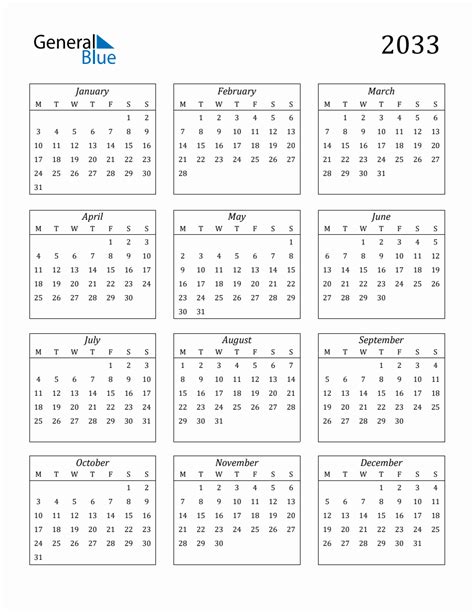 2033 Blank Yearly Calendar Printable