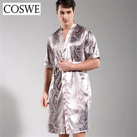 Coswe New Men Satin Silk Robes Printed Bathrobe Male Dressing Gown For Mens Night Gowns Pijamas