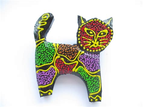 Vintage Wooden Cat Brooch Pin With Painted Aboriginal Dot Etsy
