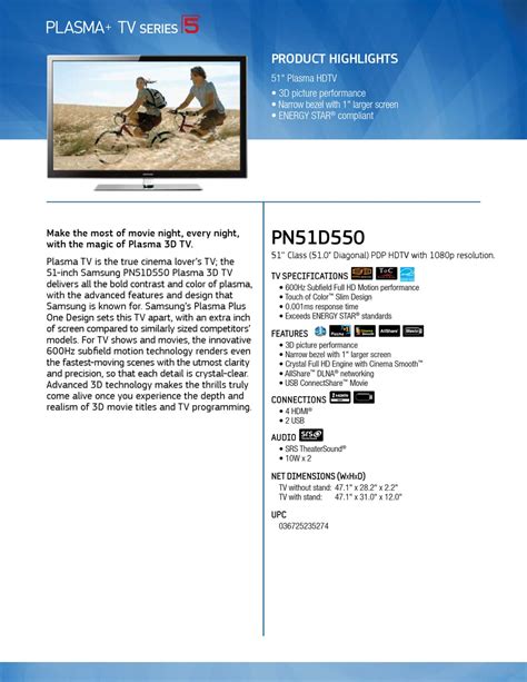 Samsung Pn51d550c1fxza Brochure Pdf Download Manualslib