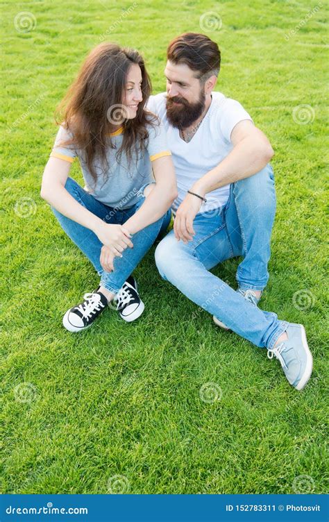 Couple In Love Relaxing On Green Lawn Lovely Couple Outdoors Soulmates Closest People Simple