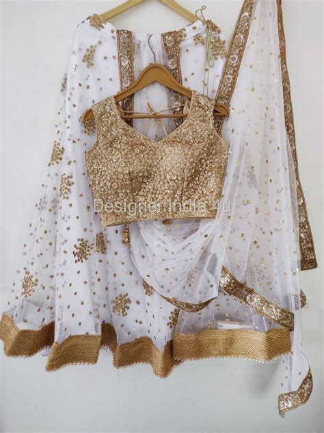 Lehenga Choli Dupatta Indian Designer White And Gold Lengha Etsy