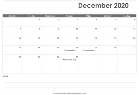 December 2020 Calendar Printable With Holidays