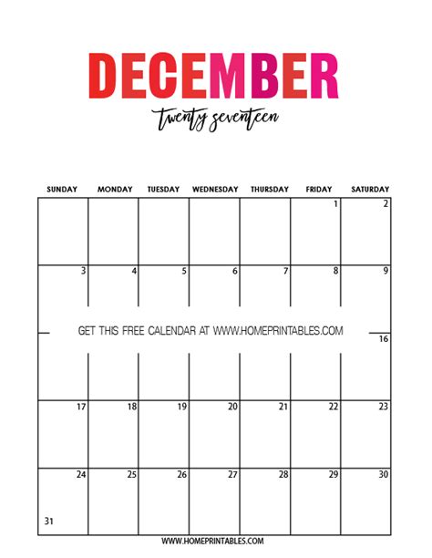 Free Printable December 2017 Calendar Home Printables