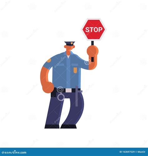 Male Road Traffic Police Inspector Holding Stop Sign Policeman Officer