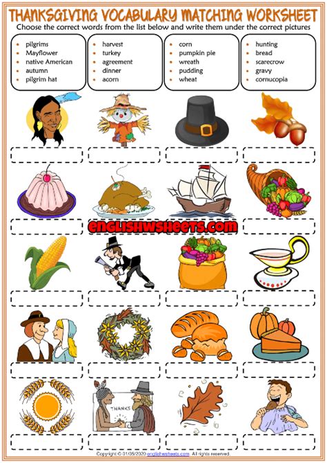 Thanksgiving Esl Vocabulary Matching Exercise Worksheet For Kids