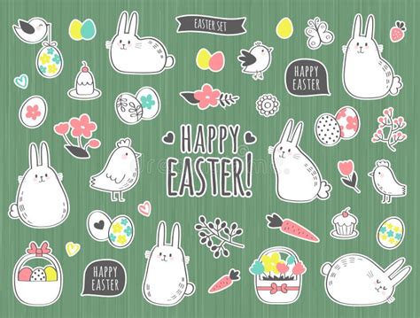 Vector Easter Set With Cute Bunnies Birds Flowers And Eggs Stock