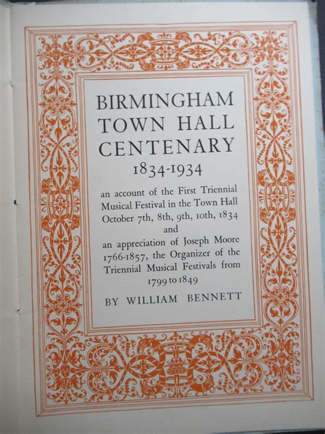 Birmingham Town Hall Centenary 1834 1934 William Bennett