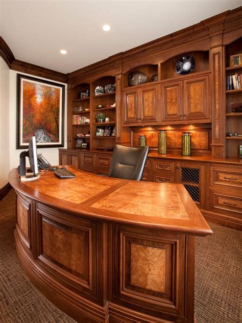 Charming Office Decorating Ideas For Men With Curved Wood Desk And