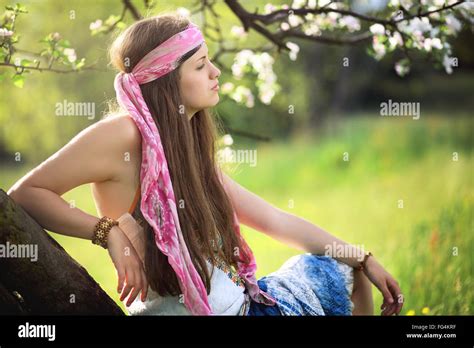 Beautiful Hippie Woman Enjoying Spring Harmony With Nature Stock