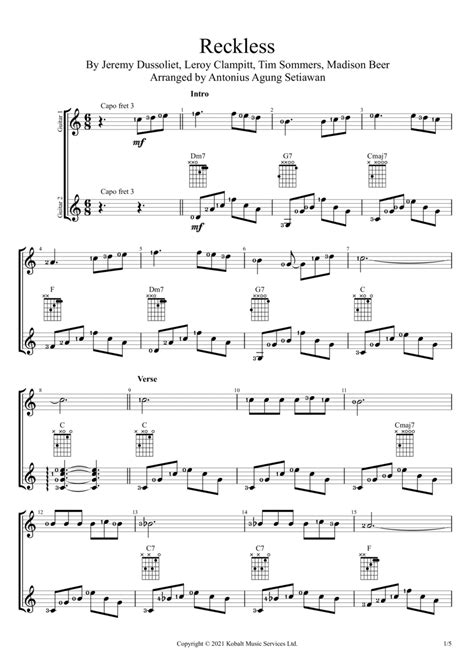 Reckless Sheet Music Madison Beer Solo Guitar