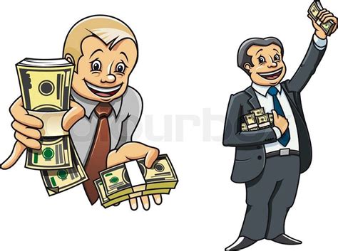 Successful Businessman Cartoon Characters One Holding Out Wads Of