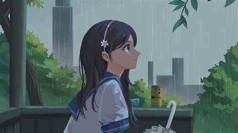 Download Wallpaper 1600x900 Girl Schoolgirl Rain Umbrella Anime