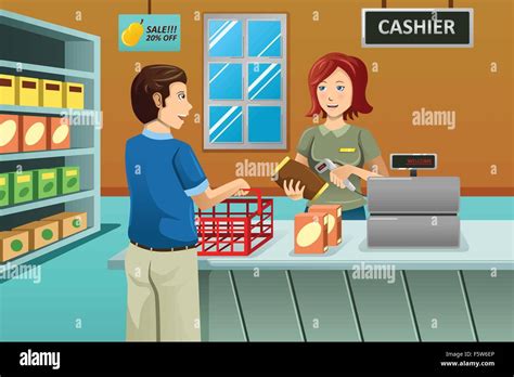 A Vector Illustration Of Cashier Working In The Grocery Store Serving