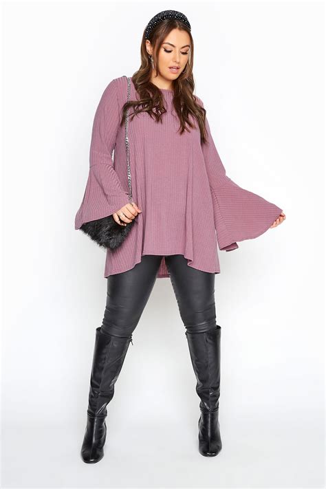 Limited Collection Mauve Purple Ribbed Flare Sleeve Top Yours Clothing
