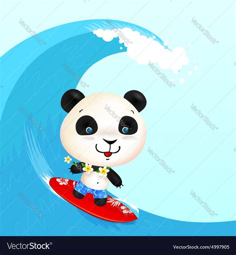 Little Cute Surfer Panda Surfing In Blowing Wave Vector Image