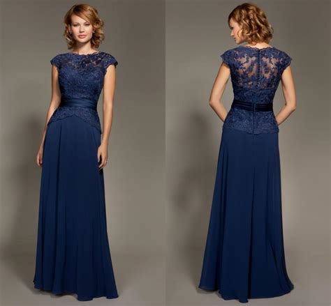 Dark Navy Blue Lace Bridesmaid Dresses Short Sleeve Covered Button Back