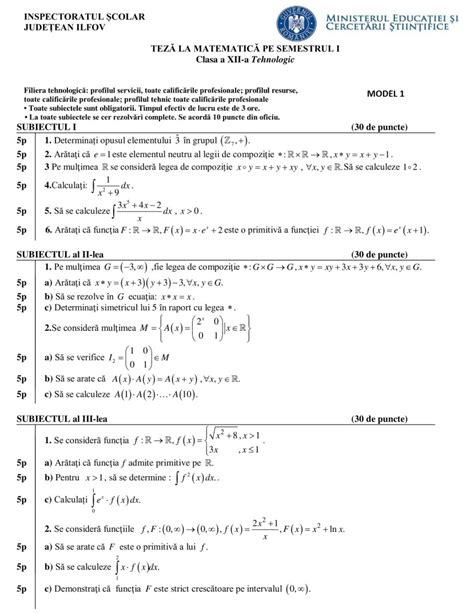 Modele Teză Matematică Clasa A 12 A M2 Tehnologic Semestrul 1 Bareme