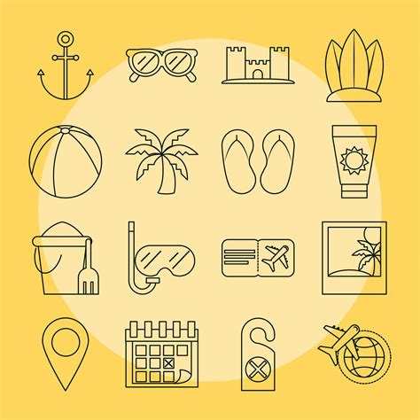 Summer Vacation Travel Tourism Recreation Set Icons Included Ball Palm