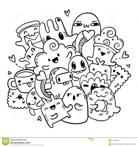 Cute Doodles Hand Drawn Pattern Vector Isolated Outline Set Of Cartoon Monsters Stock