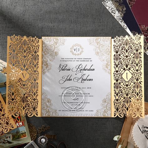 Maybe you would like to learn more about one of these? Gold Foil and Ivory Gatefold Wedding Invitation, Laser Cut