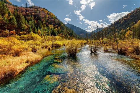 Chiny Park Narodowy Jiuzhaigou Jesień Las Góry Jezioro Arrow