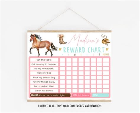 Editable Horse Reward Chart Horse Behavior Chart Cowgirl Pony Pink