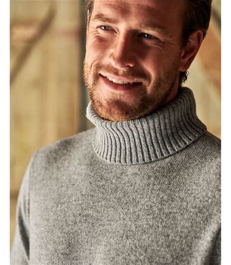 Grey Marl Pure Lambswool Mens Lambswool Polo Neck Jumper