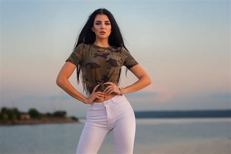 Dmitry Sn Shirt Women Outdoors Brunette Belly Jeans 1080p Kristina Romanova Depth Of