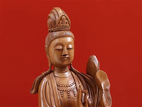 16 Wooden Buddhist Kuan Yin Standing On Pedestal Exotic India Art