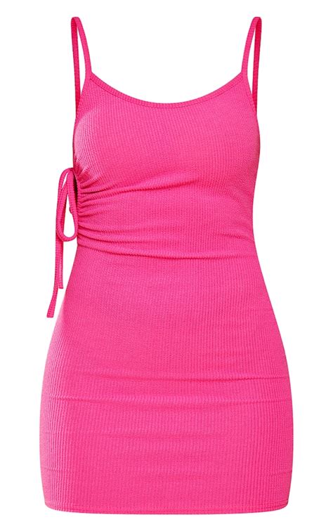 Hot Pink Rib Ruched Cut Out Strappy Bodycon Dress Prettylittlething Usa