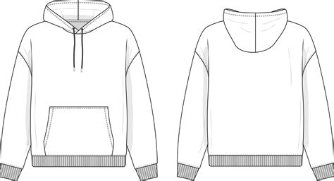 Hoodie Sweatshirt Flat Technical Drawing Illustration Mock Up Template