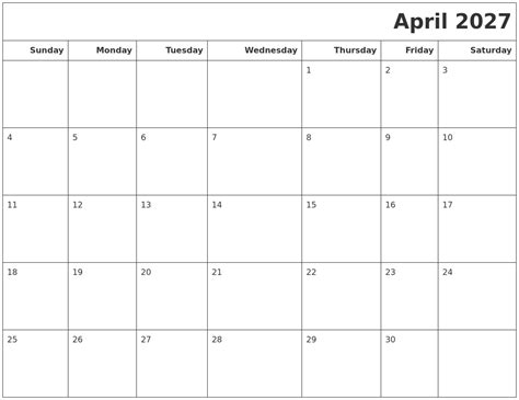 April 2027 Calendars To Print