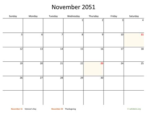 November 2051 Calendar With Bigger Boxes