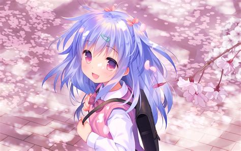 Wallpaper Sakura Blossom Sweater Smiling Blue Hair Anime Girl Loli