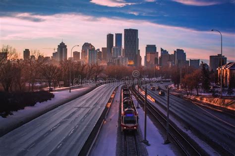 Sunset Sky Falling Down Over Downtown Calgary Traffic Stock Image