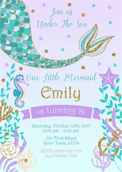 Mermaid Tail Birthday Party Invitation Teal And Purple Gold Glitter