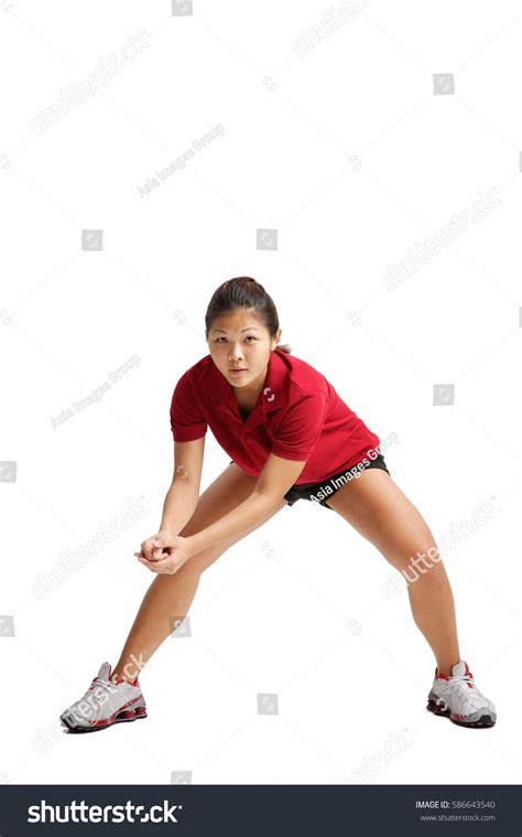 Young Woman Bending Down Waiting Volleyball Stock Photo 586643540