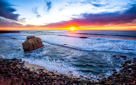 San Diego California Sunset Coast Stones Sandy Beach Ocean Waves Orange