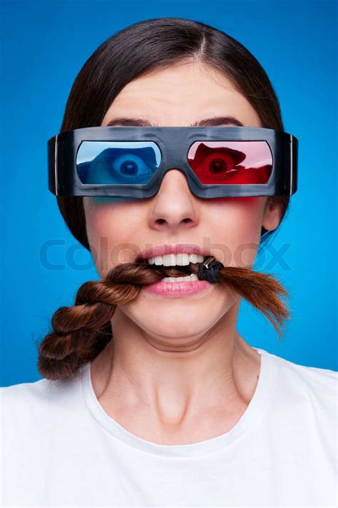 frightened woman in 3d glasses stock image colourbox