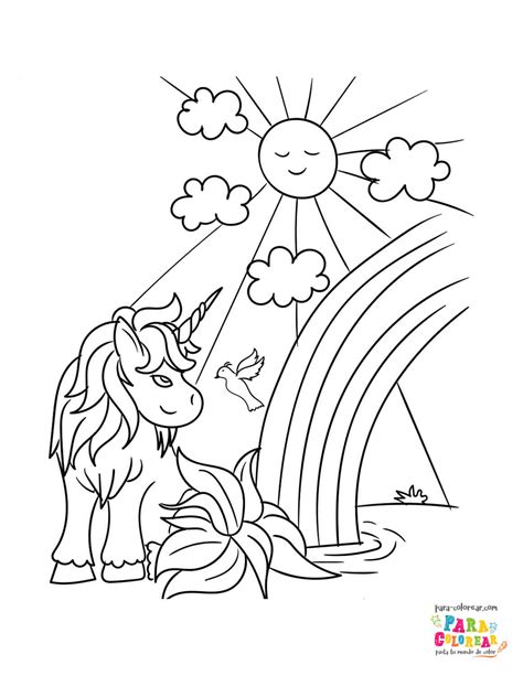 Dibujo De Unicornio Mirando El Arco Iris En El Estanque Para Colorear