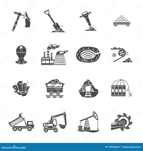 Coal Mining Equipment Black Icons Set Stock Vector Illustration Of