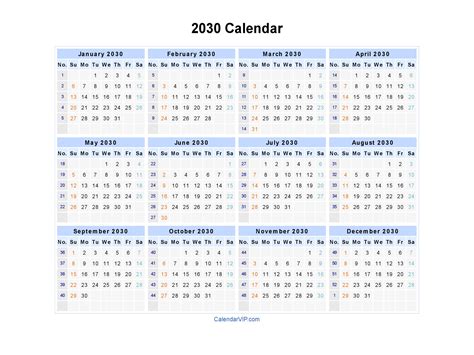 Days aligned horizontally (days of the week in the same row) for easy yearly calendar for 2021 on 1 page, landscape orientation. 2030 Calendar - Blank Printable Calendar Template in PDF ...