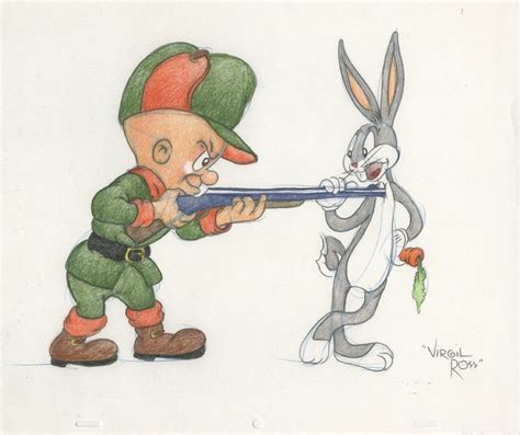 Original Bugs Bunny And Elmer Fudd Drawing Signed By Virgil Ross