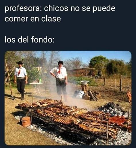 Two Men Standing In Front Of A Grill With Meat On It And The Words Teacher You Can T Eat In